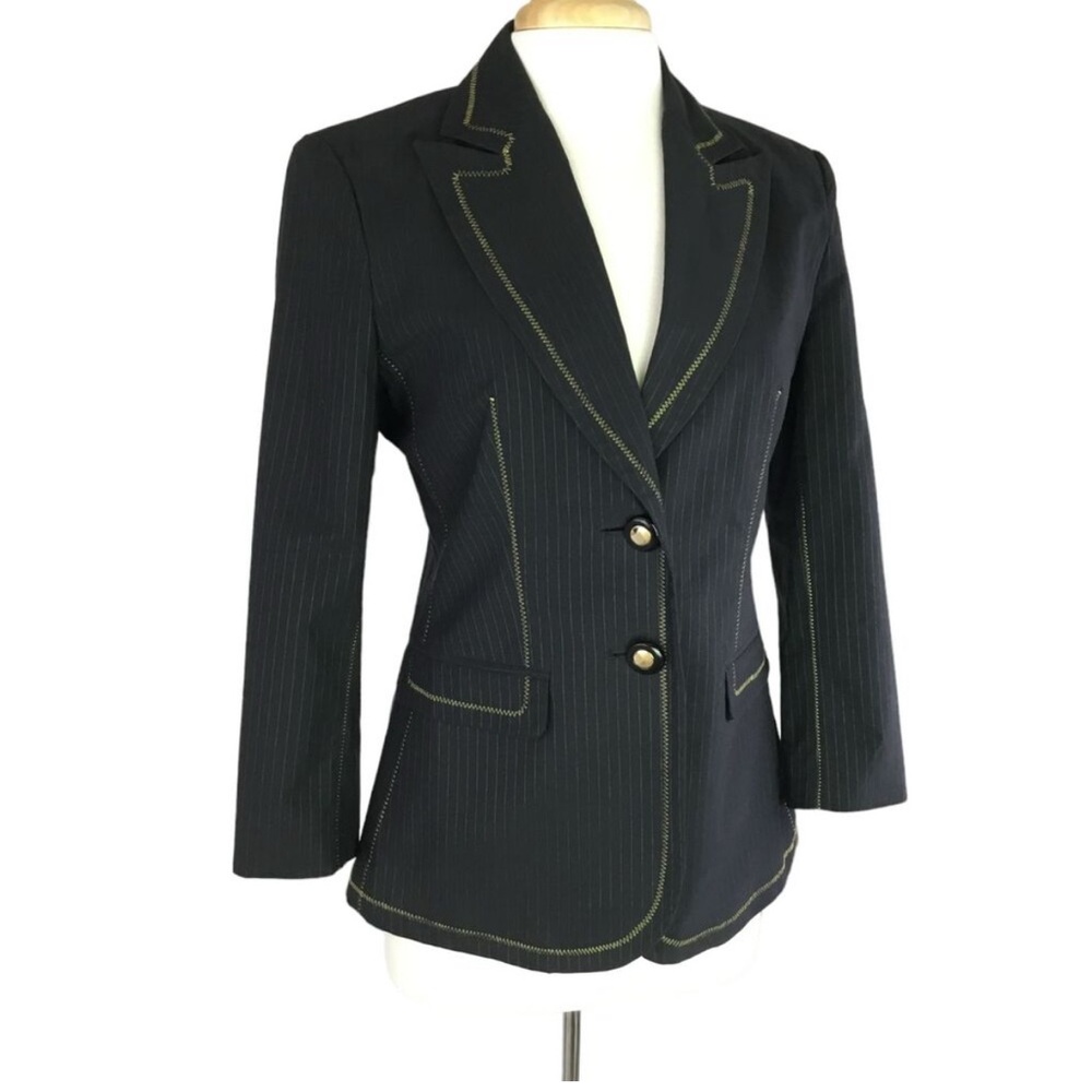 Roberto Cavalli Blazer Womens 44 Black Pinstripe Gold Stitching Snakeskin Liner